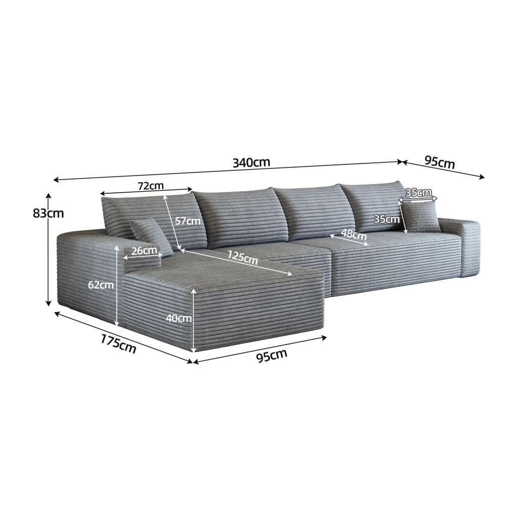 Divano angolare modulare 340 cm con chaise longue a L; 4 posti; velluto a coste; grigio