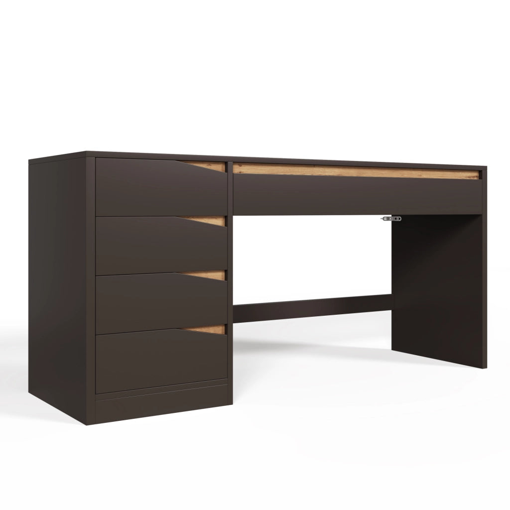 Scrivania 140x50 cm con 5 cassetti; grigio ed effetto rovere; in MDF