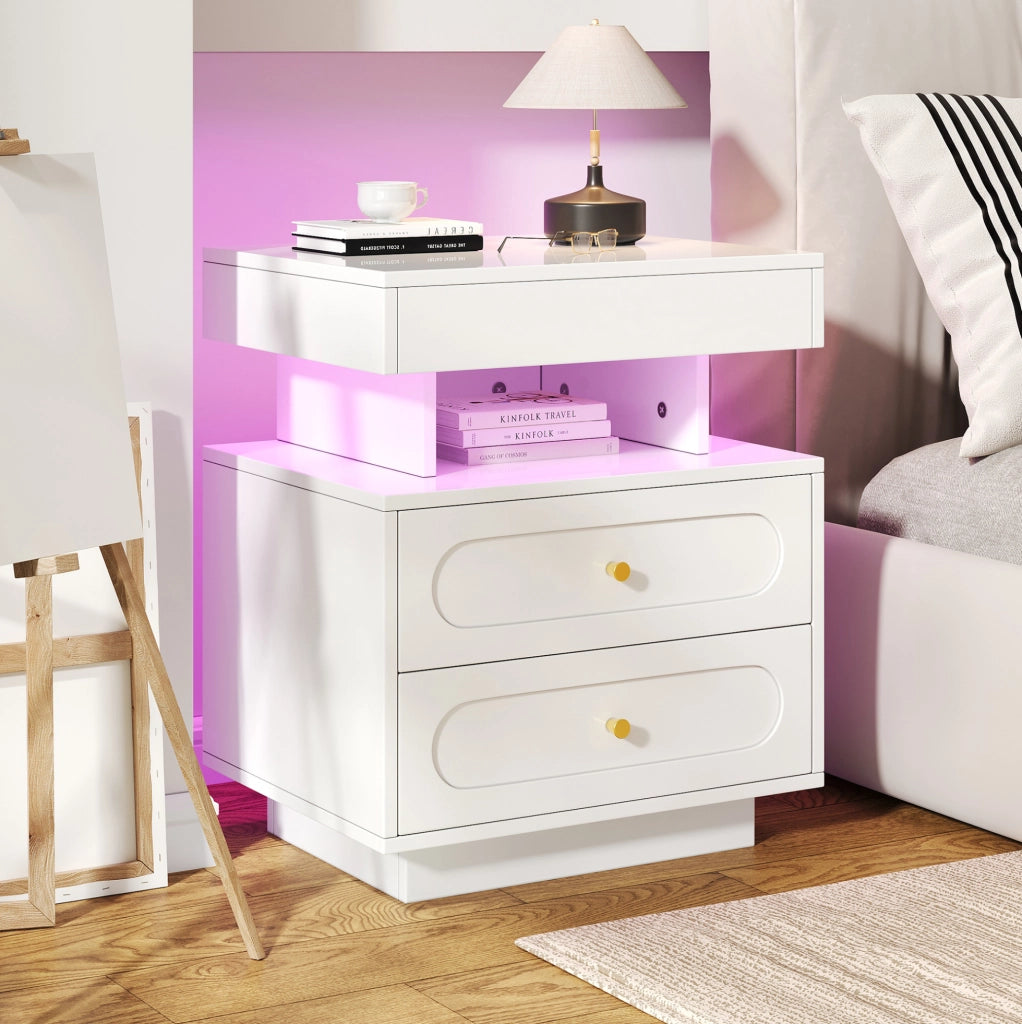 Comodino con 2 cassetti e illuminazione LED, 50x40x60 cm, bianco