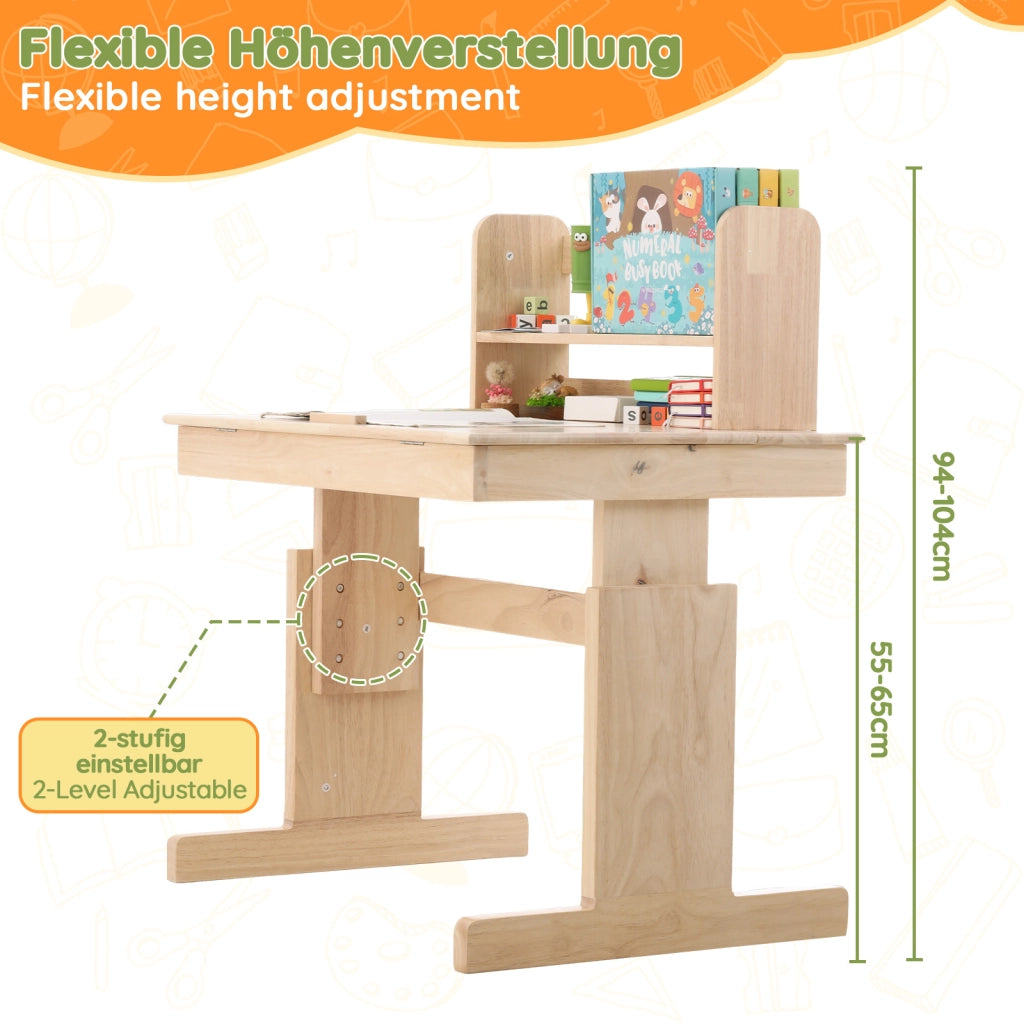 Scrivania per bambini regolabile in altezza con piano inclinabile e leggio in legno naturale dai 6 anni 80 × 60 cm