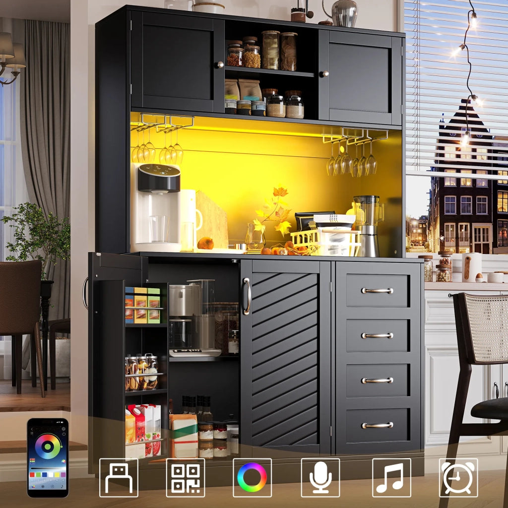 Mobile contenitore 120x40x188 cm, 4 ante e 2 grandi cassetti, con illuminazione LED, ripiano snack e portabottiglie, verde/nero/bianco