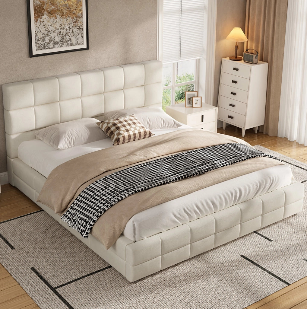 Letto a piattaforma 180x200 cm in velluto beige con testiera, per camera, senza materasso –
