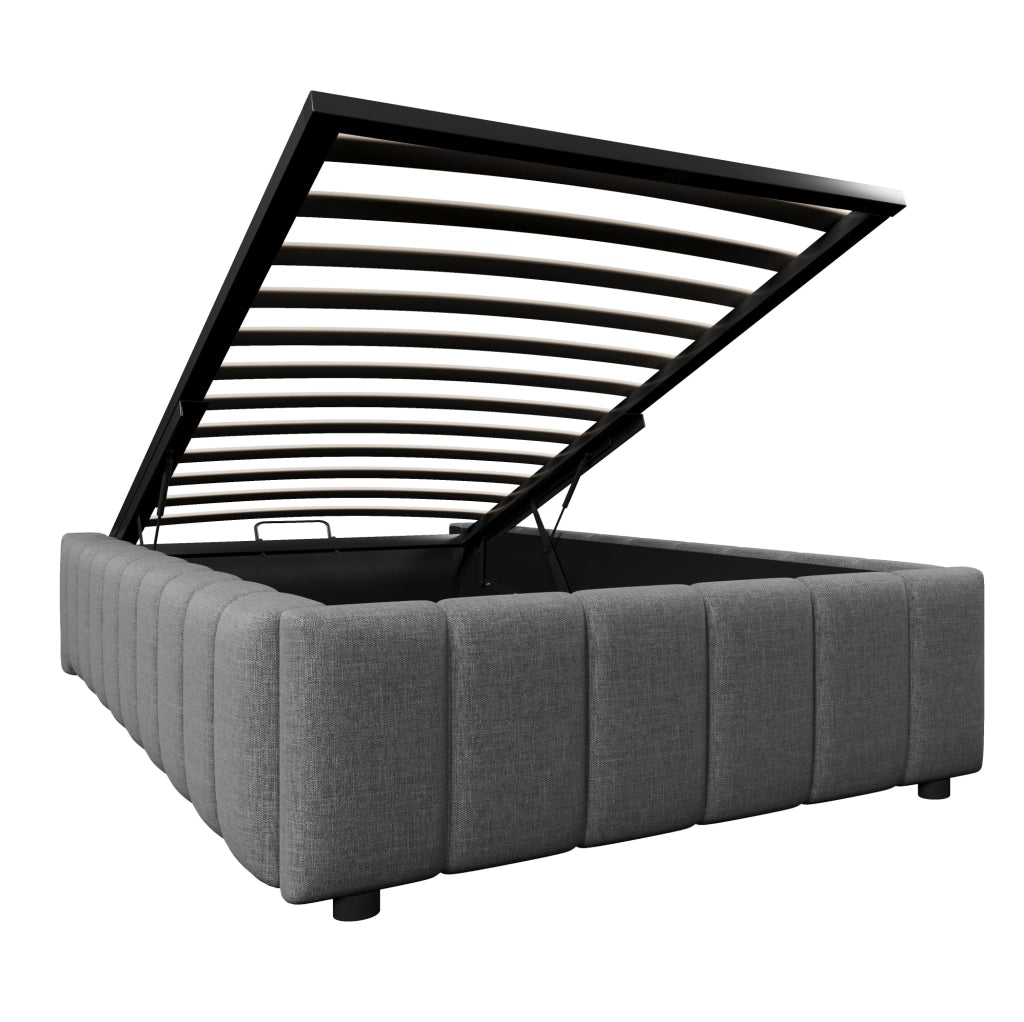 Letto imbottito 90 × 200 cm con contenitore idraulico; senza testiera né materasso; grigio