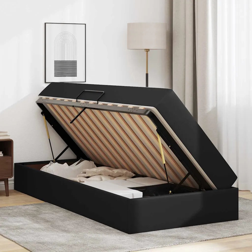 Letto con contenitore e materasso 2 pcs Nero Pelle