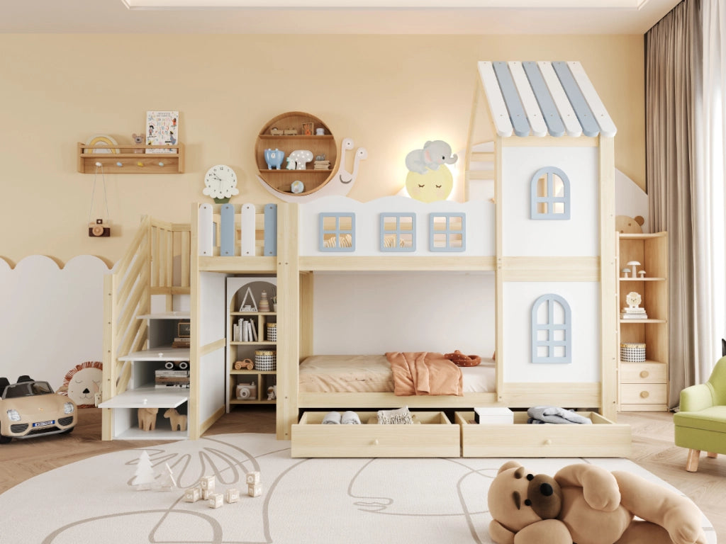Letto a castello per bambini con sponde a nuvola e scala, 90x200 cm, bianco