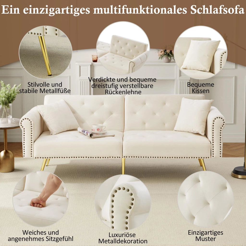 Divano letto 2 posti con schienali regolabili in 3 posizioni rivestimento in velluto beige piedi in metallo dorato