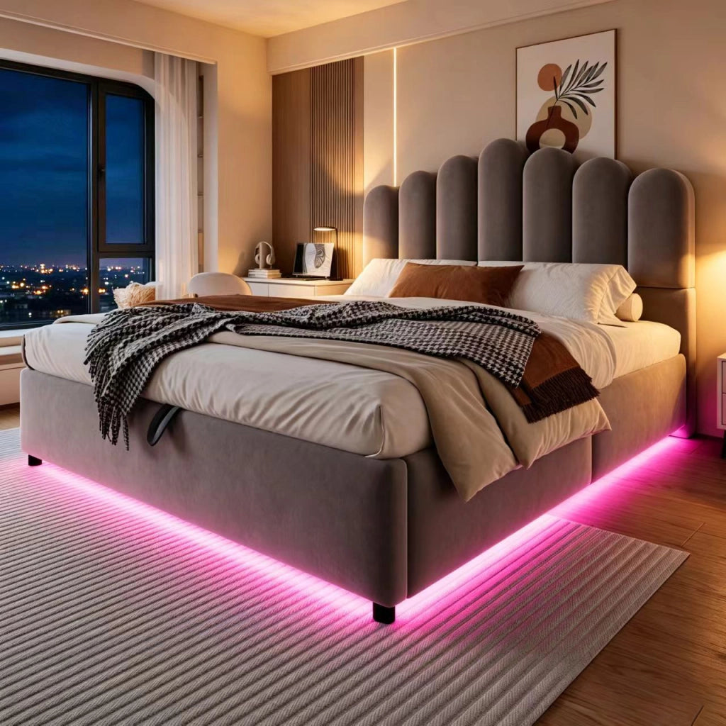 Letto Contenitore 140x200 cm Imbottito in Velluto Grigio con Testiera Morbida e Illuminazione LED