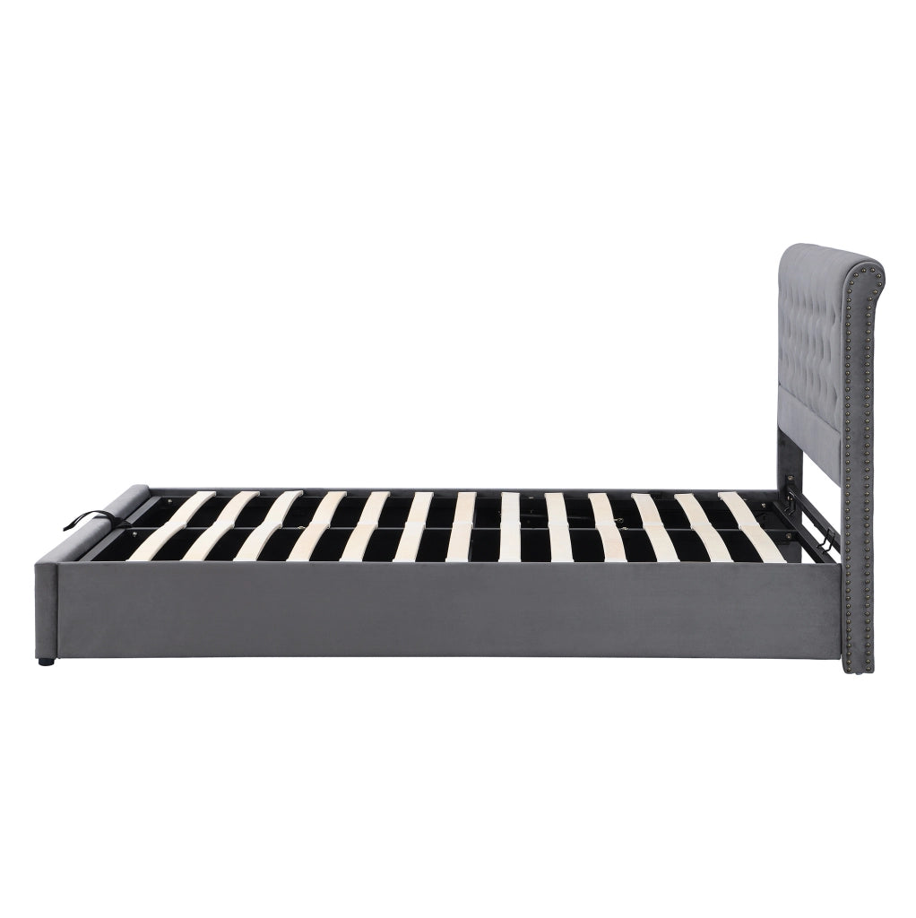 Letto contenitore 140x190 cm in velluto grigio con rete a doghe, senza materasso