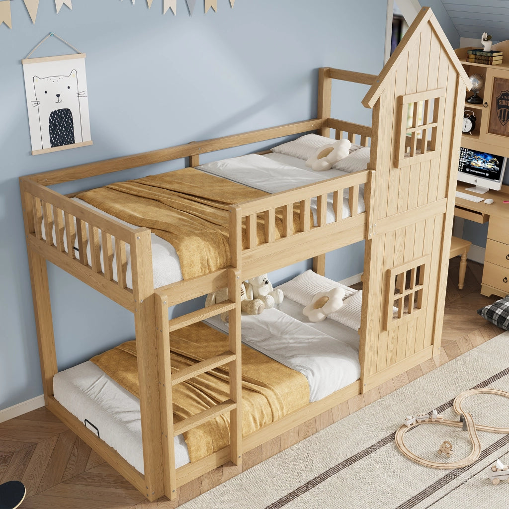 Letto a castello a casetta in pino e MDF; colore naturale; con due finestre e scala; 90x200 cm