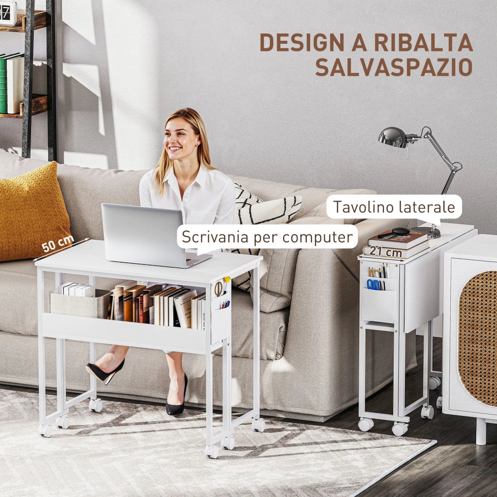 Scrivania Pieghevole Salvaspazio a Ribalta con Scaffale, Tasca e Ruote ¨C Zephmum ¨C Bianco