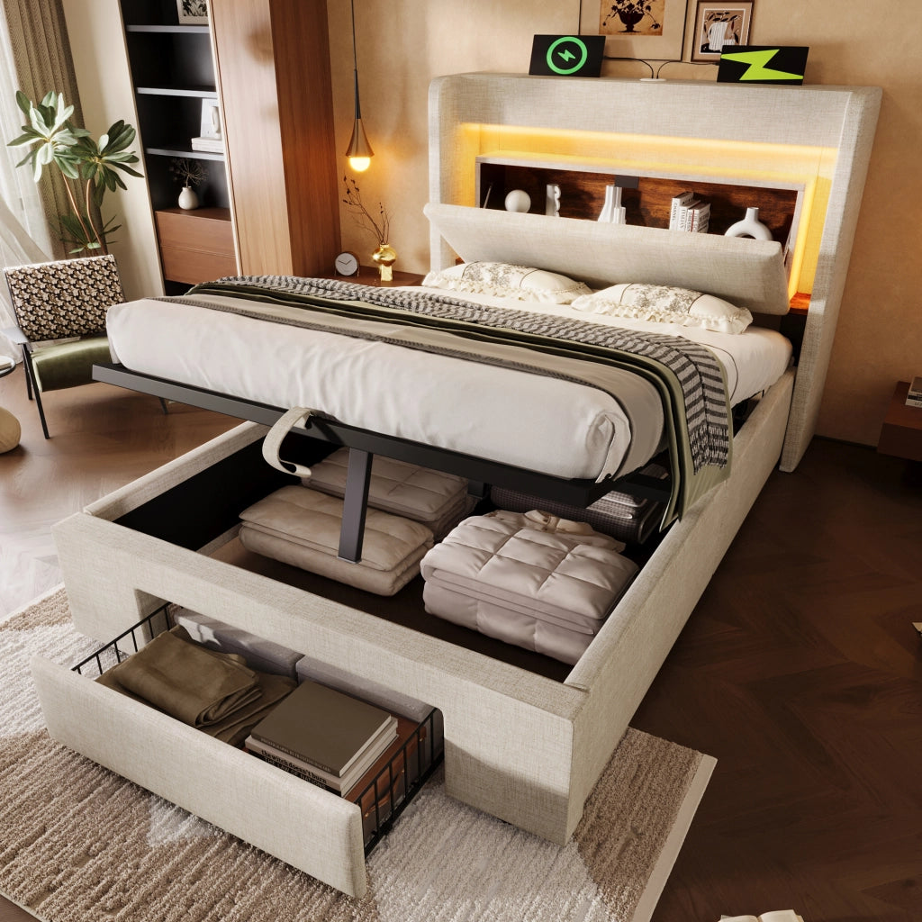 Letto Contenitore Singolo Imbottito 90x200 cm con Sollevamento Idraulico; LED; USB; USB-C; Beige