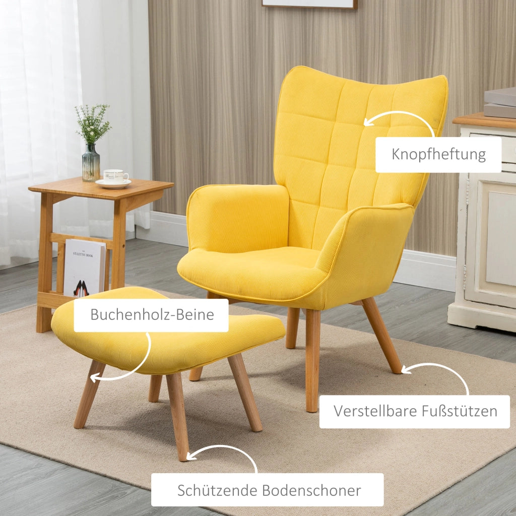 Poltrona Relax con Poggiapiedi in Tessuto e Gambe in Legno ¨C Minimal ¨C Giallo