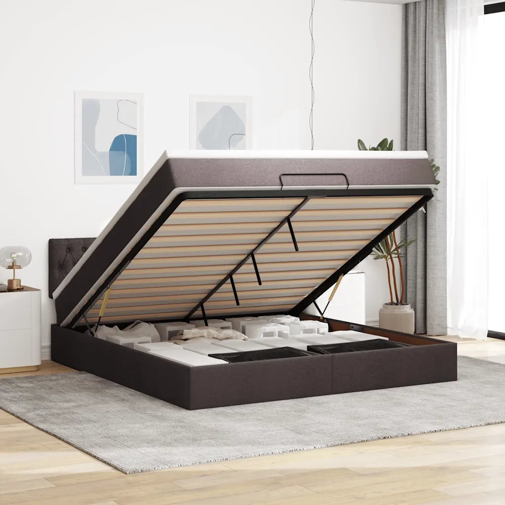 Pouf Letto con Materasso e LED Marrone Scuro 180x200cm Tessuto