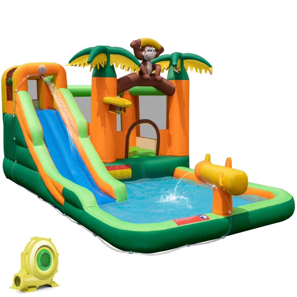Castello gonfiabile per bambini con scivolo compressore 680W piscina, Gioco gonfiabile 7 in 1 a tema tropicale