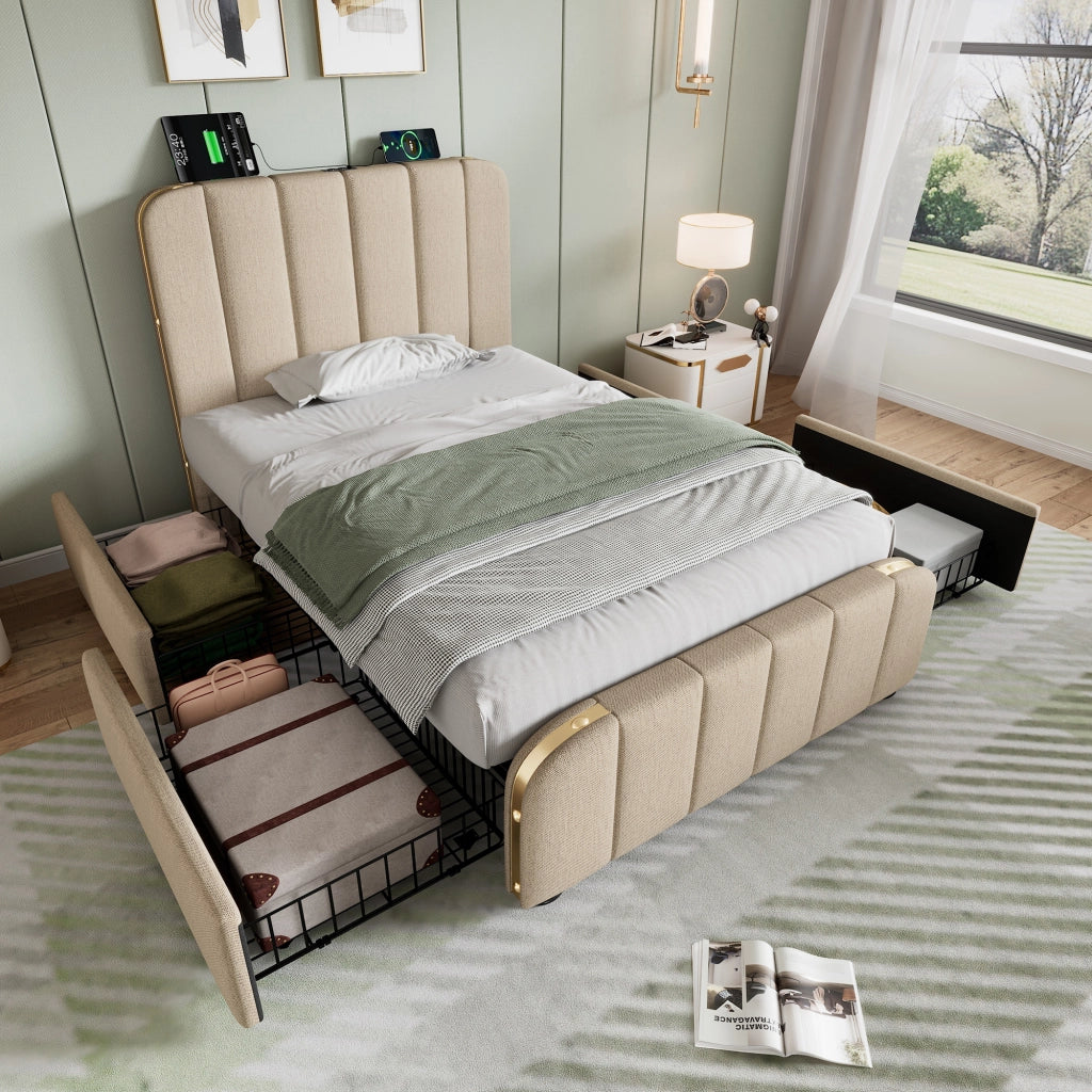 OKWISH Letto con Cassetti 90×200 cm, Letto Singolo con USB, Tipo C e 4 Cassetti, senza Materasso, in Lino, Beige