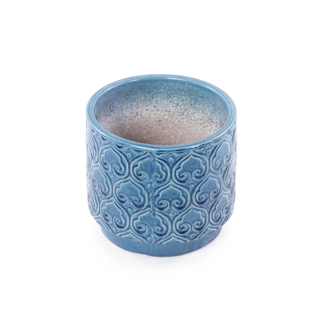 Vaso da Giardino in Ceramica Artigianale Ø38 cm Blu Lucido con Motivo a Cuore e Foro di Drenaggio, Resistente al Gelo