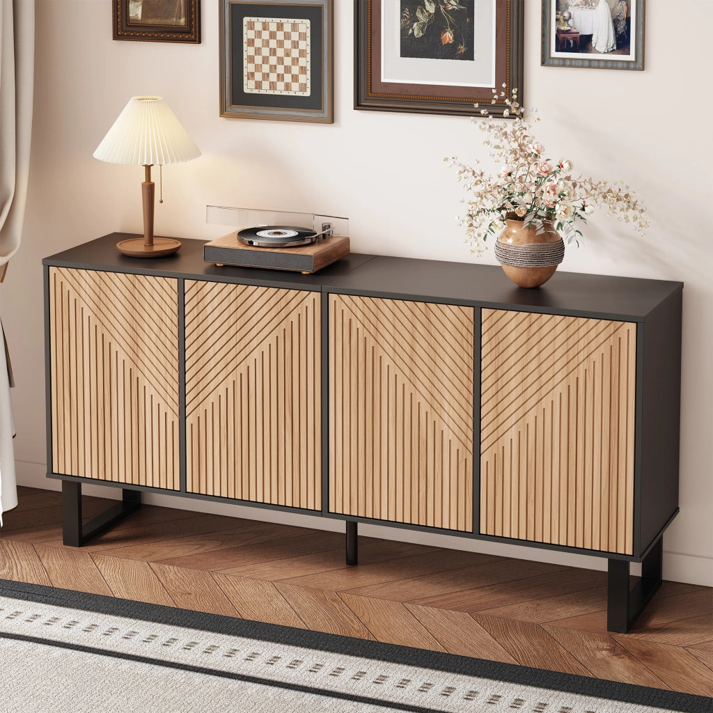 Mobile TV con ante a righe e vani aperti, per soggiorno e ingresso, in MDF e truciolare nero naturale, 160 × 38 × 75 cm