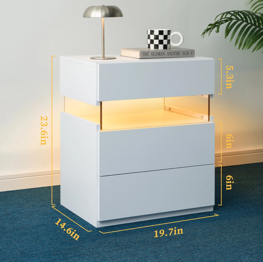 Comodino LED bianco con 3 cassetti e pannello acrilico