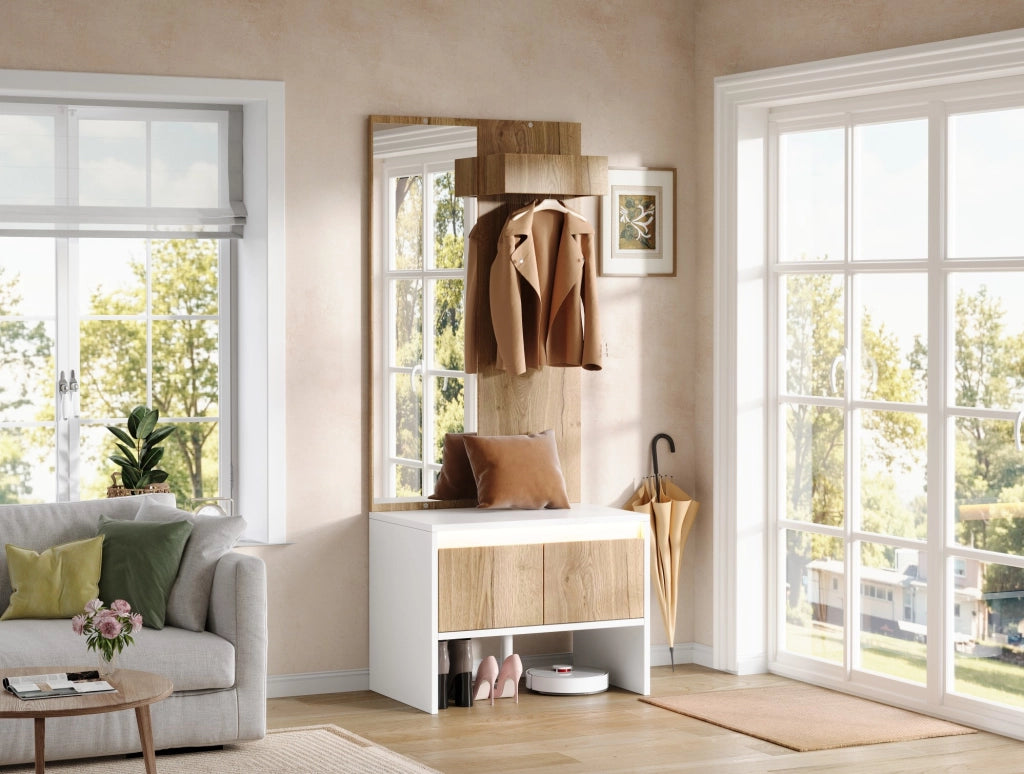 Set guardaroba con appendiabiti, specchio, panca porta scarpe e 2 cassetti, bianco e naturale, 60×38×145 cm