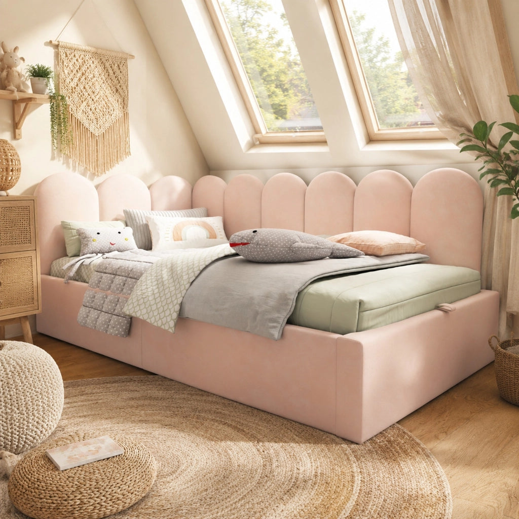 Letto singolo imbottito rosa 90x200 cm con contenitore idraulico