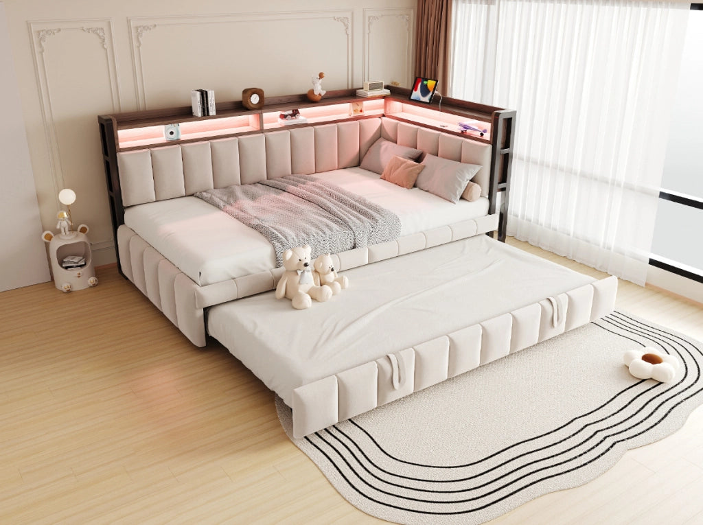 Divano letto ULEVR 90x200 cm con letto estraibile, LED, USB e Type-C, vani portaoggetti, velluto beige