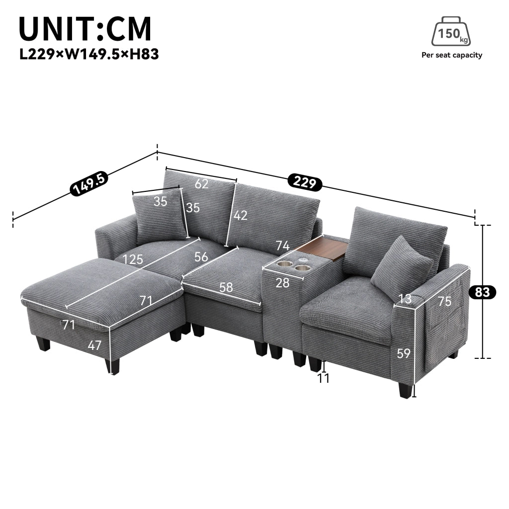 Divano angolare modulare 4 posti in velluto a coste grigio con pouf contenitore console USB e 2 portabevande