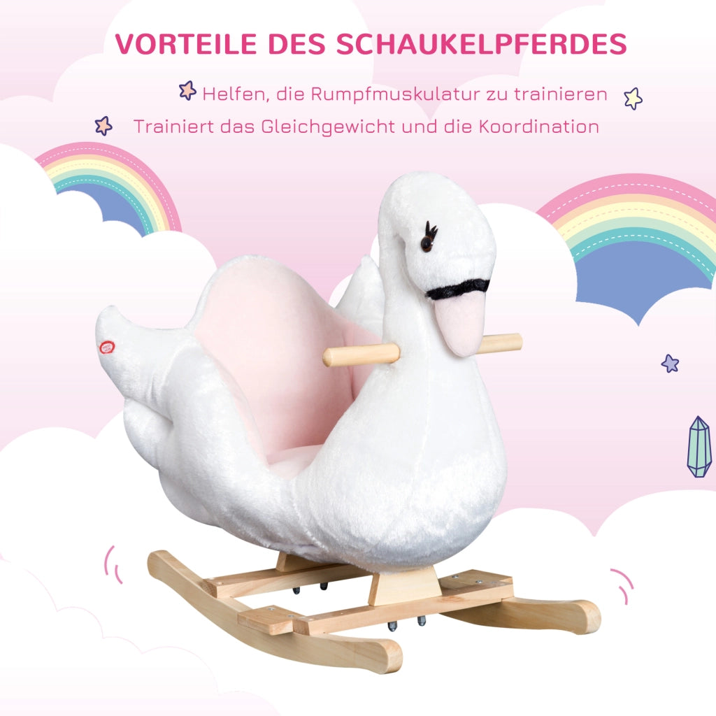 Animale a Dondolo per Bambini a Forma di Cigno 55 cm Peluche e Legno con Cintura di Sicurezza e Musica per Casa