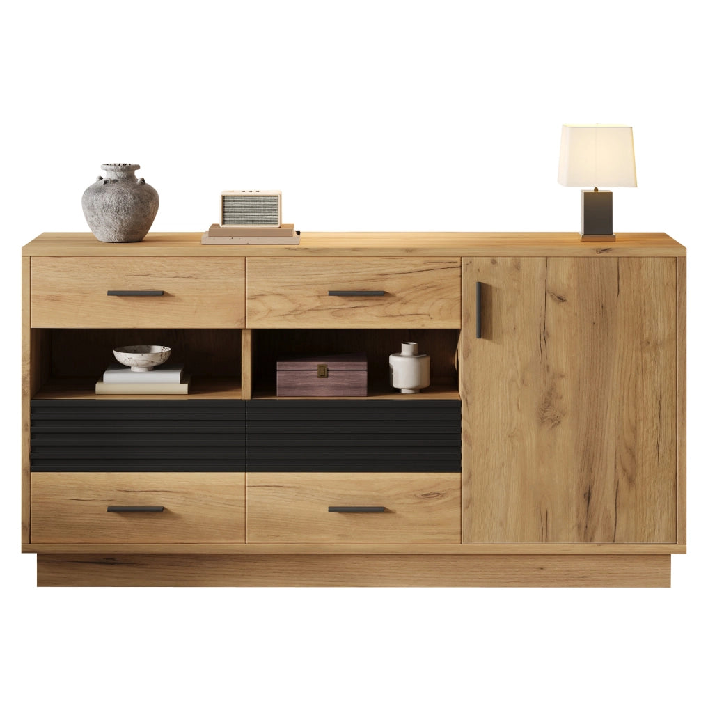 Credenza ULEVR 140x35x70 cm con 6 cassetti e 1 anta, mobile contenitore in MDF effetto rovere