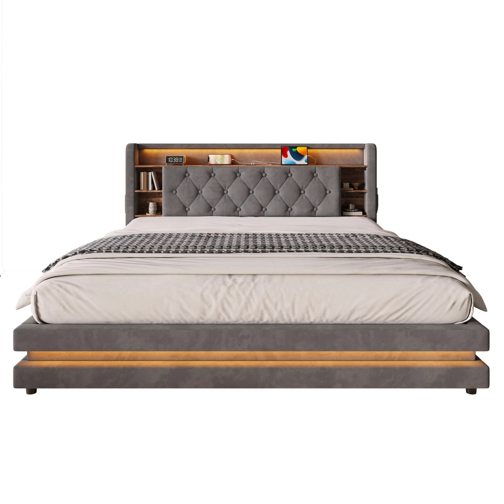 Letto Contenitore 180 x 200 cm; Letto Matrimoniale; LED; USB; Type-C in Velluto Grigio Scuro