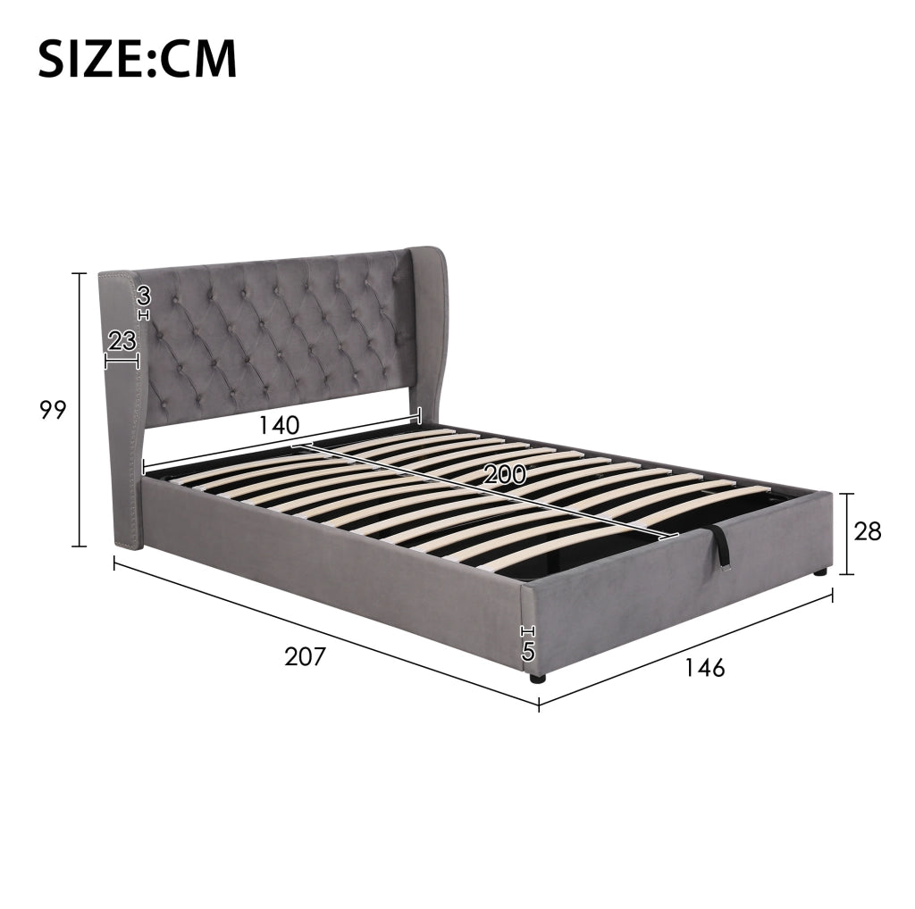 Letto matrimoniale 140x200 cm con contenitore idraulico e rete in velluto grigio