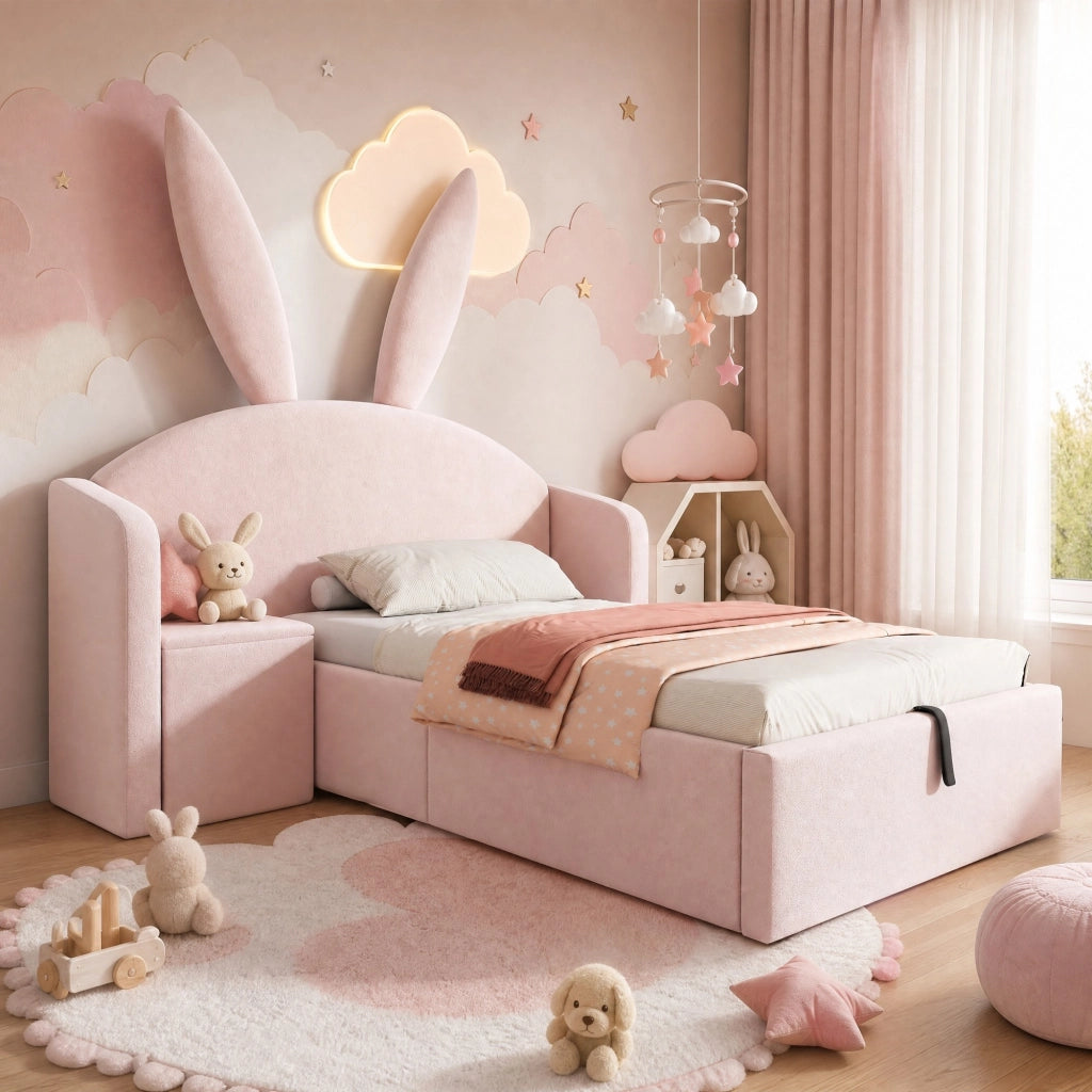 Letto per bambini 90 × 190 cm 1 posto con contenitore e comodino reversibile; senza materasso; in velluto rosa