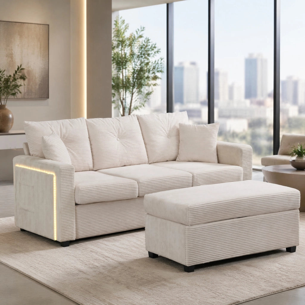 Divano 3 posti angolare con ottomana removibile illuminazione LED controllabile tramite app in velluto a coste beige
