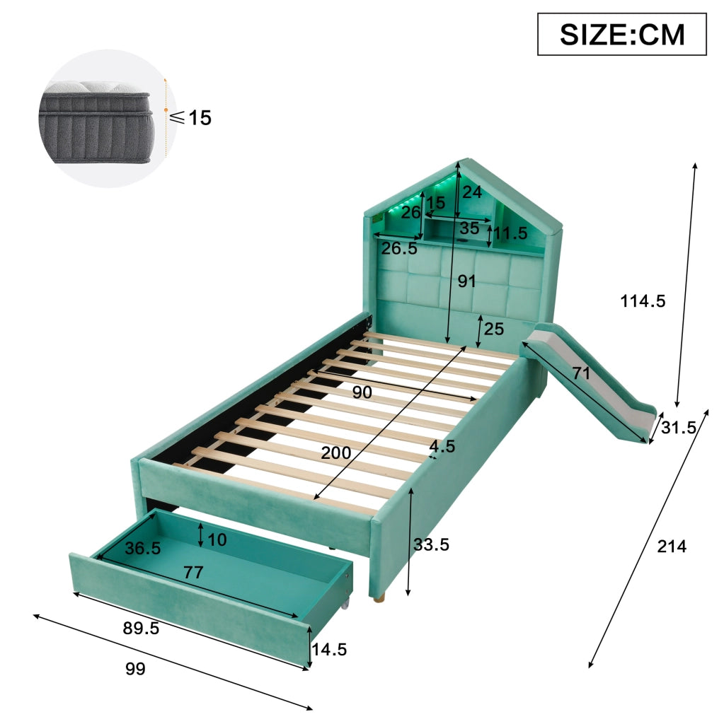 Letto bambini 90x200 cm blu verde imbottito con scivolo reversibile, illuminazione LED, porta di ricarica, ripiani e ampio contenitore sottoletto