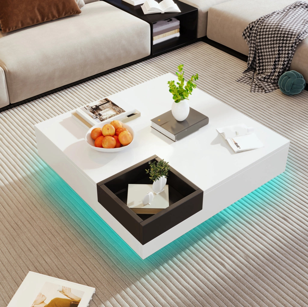 Tavolino da caffè 72x72x30 cm in truciolare lucido bianco e nero con box portaoggetti e LED