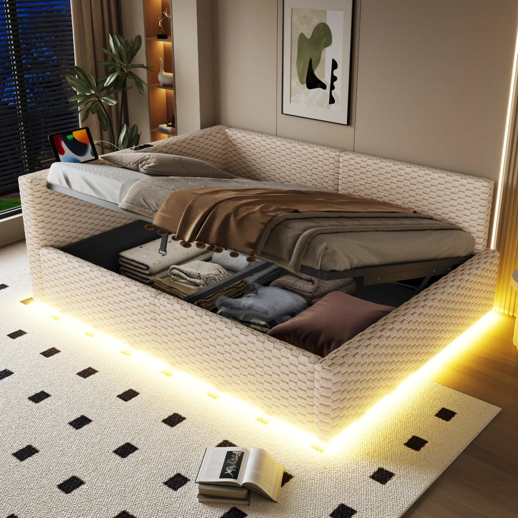 Letto imbottito 140x200 cm con vano contenitore; LED; USB e Type-C; velluto beige