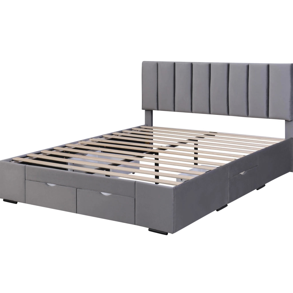 Letto imbottito in velluto grigio 160x200 cm con rete a doghe e 4 cassetti YEAVIO