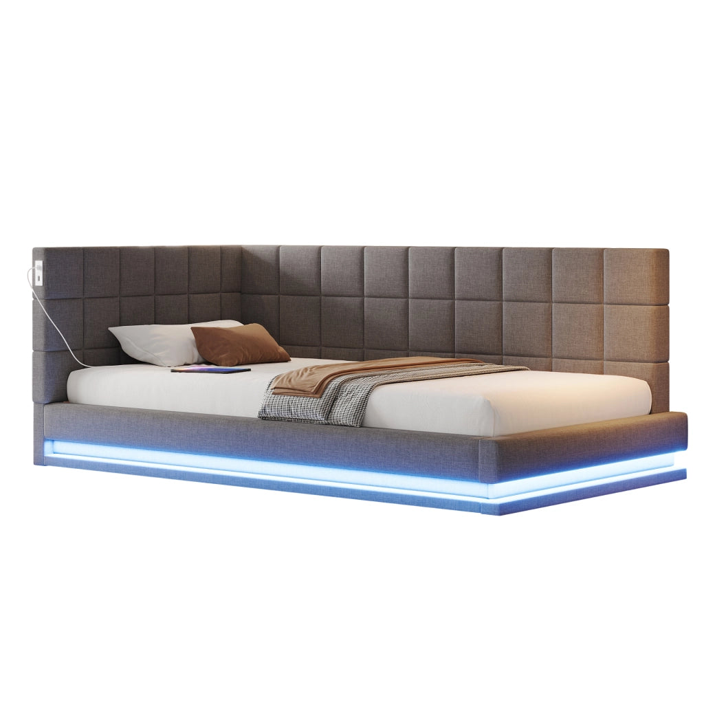 Divano letto 90 x 200 cm con LED multicolore via smartphone e USB, letto multifunzione in lino grigio con rete a doghe