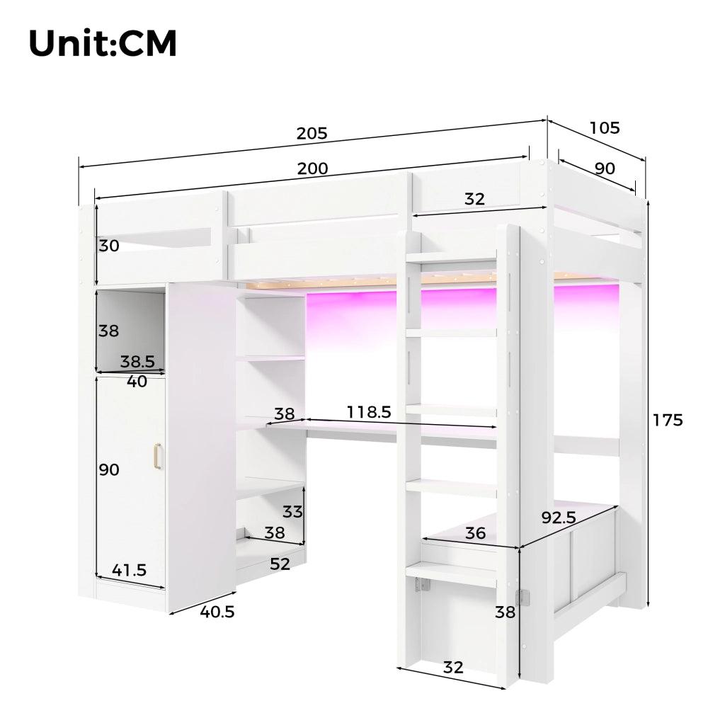 Letto a Soppalco 90x200 cm con Scrivania; Armadio; LED; USB; Scala e Sponde; Bianco