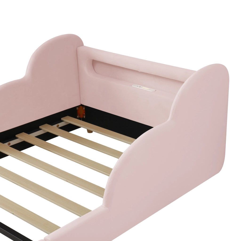 Letto per bambini singolo 200 × 90 cm con barriere imbottite, luce notturna, USB e Type-C, senza materasso, rosa