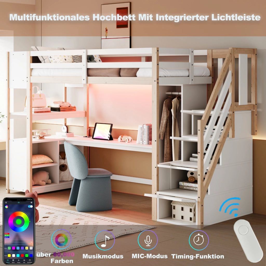 Letto a soppalco 90 × 200 cm con scrivania, armadio, scale contenitore e LED, senza materasso, bianco naturale