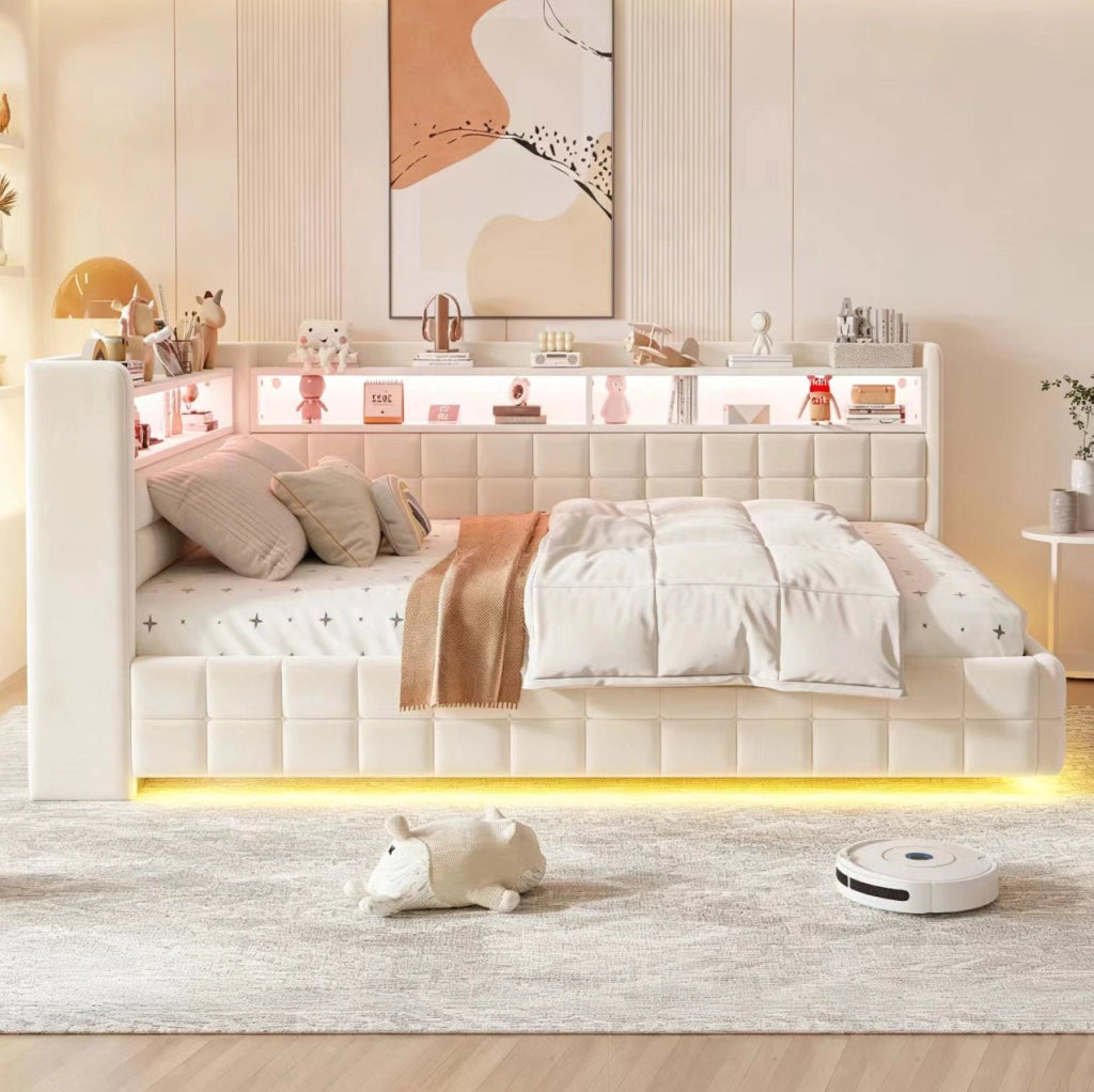 Divano letto imbottito ULEVR 140x200 cm con vano idraulico, LED, presa USB e Type-C, velluto beige
