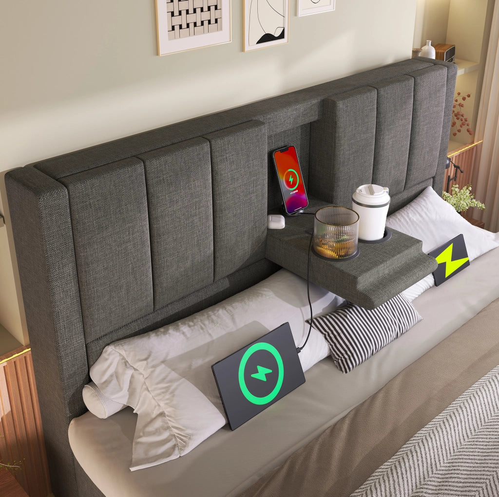 Letto matrimoniale 180x200 cm con contenitore, porta bevande nascosto e stazione di ricarica USB, struttura in lino grigio con rete inclusa (senza materasso)
