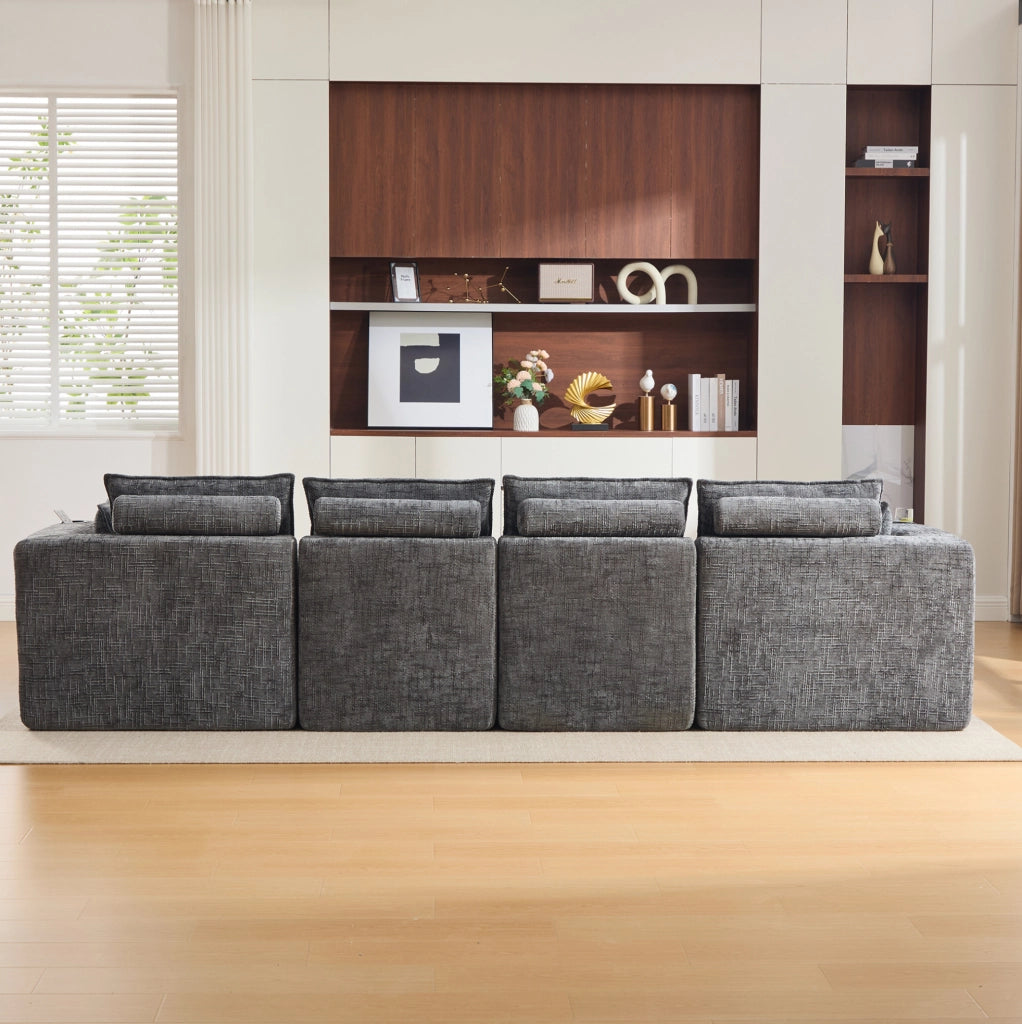 Divano modulare ULEVR 322x161x75 cm in ciniglia grigio scuro con cuscini e tasche laterali