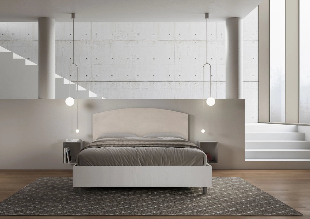 BS COM Letto matrimoniale con rete 160x200 bianco frassino testata microfibra sabbia