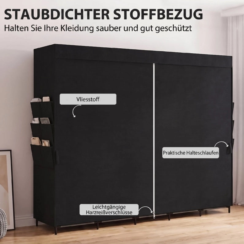Armadio in tessuto nero con 5 bastoni appendiabiti e 5 ripiani, 212 x 45 x 167 cm, salvaspazio e portatile