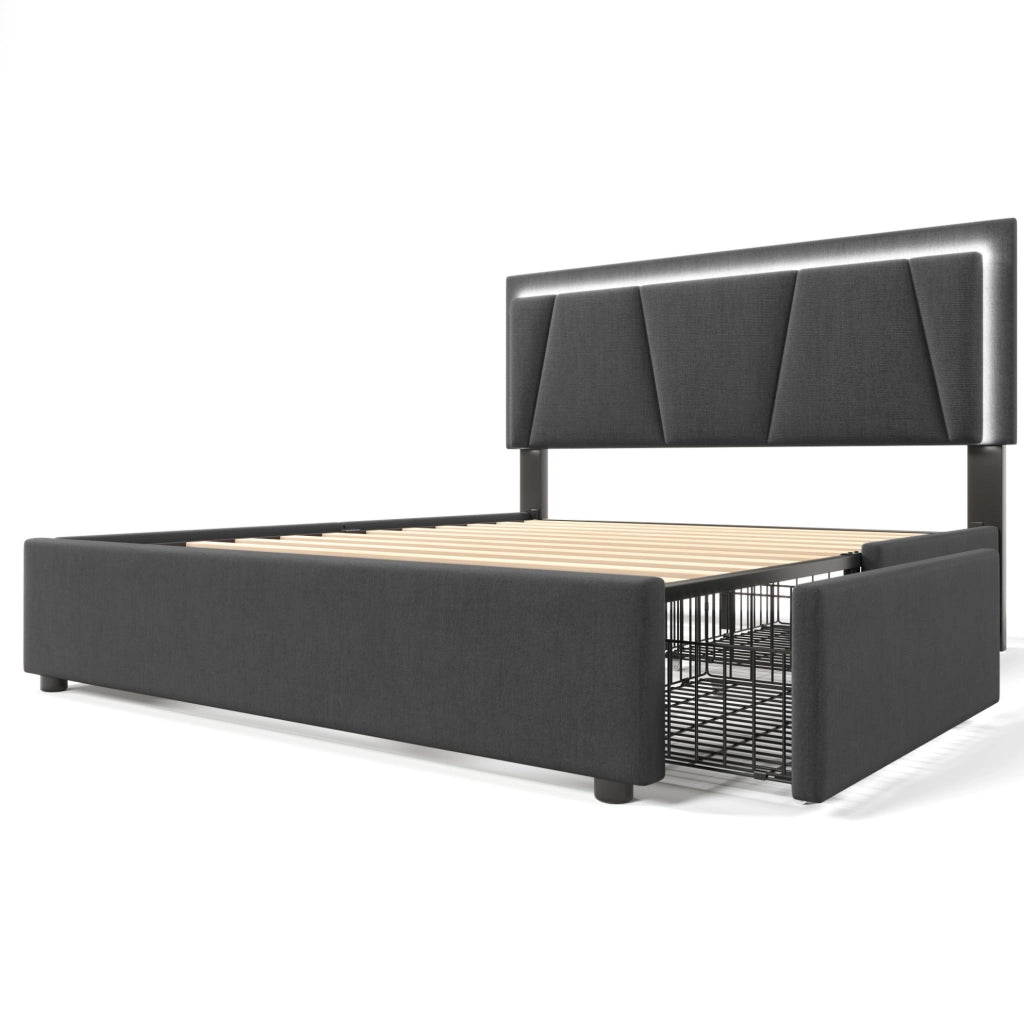 Letto matrimoniale imbottito 140x200 cm con illuminazione LED, 4 cassetti e testiera regolabile in altezza grigio