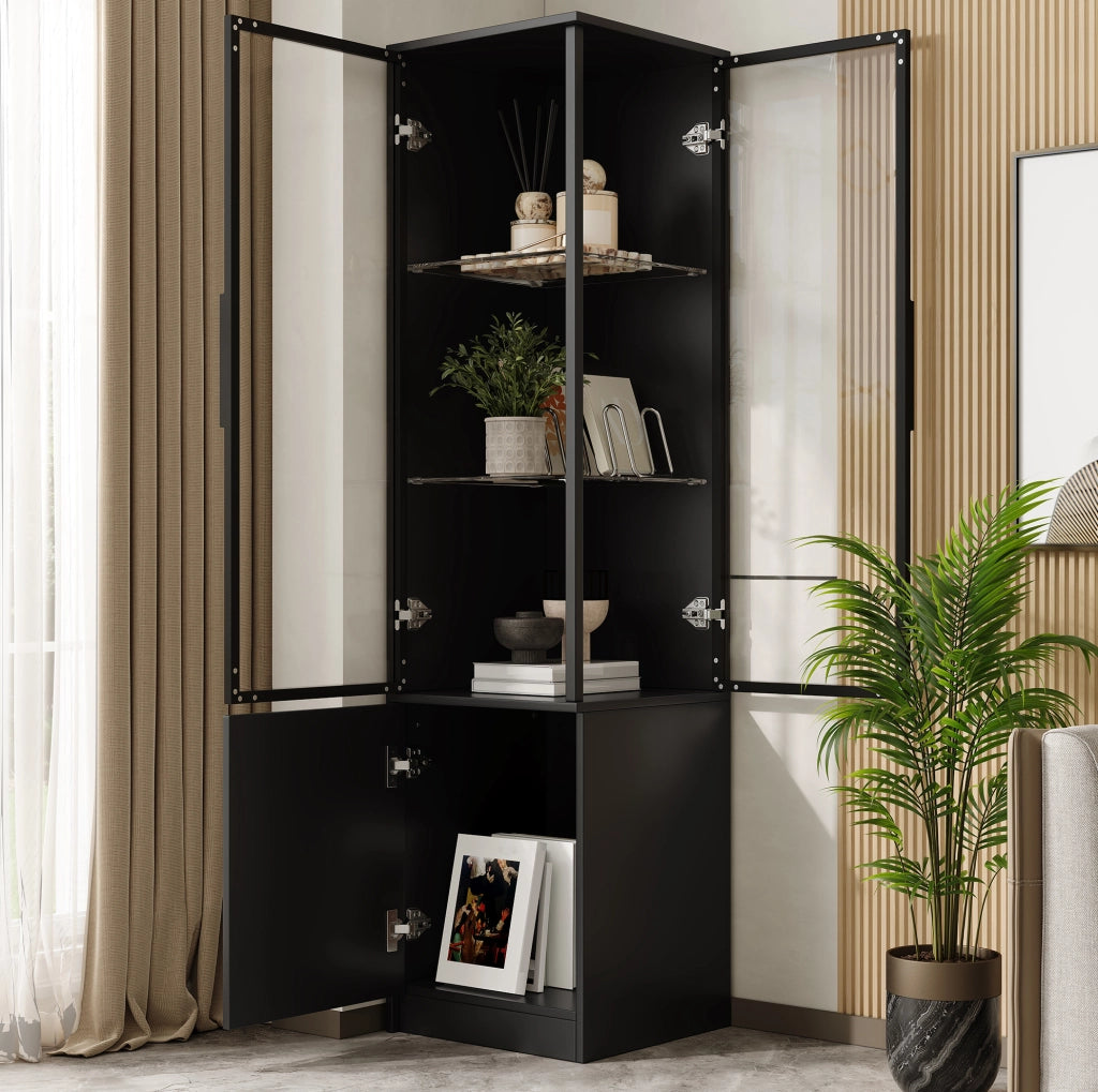 Vetrina ad angolo YEAVIO con ante in vetro temperato, LED integrati con controllo app, struttura in pannelli di particelle 40x40x160 cm, colore nero
