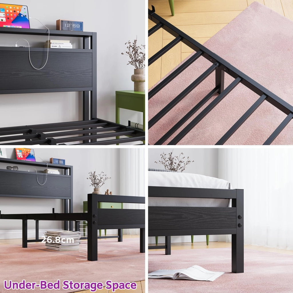 Letto matrimoniale 140 × 200 cm con testiera a ripiani in metallo e MDF nero con USB e presa integrata