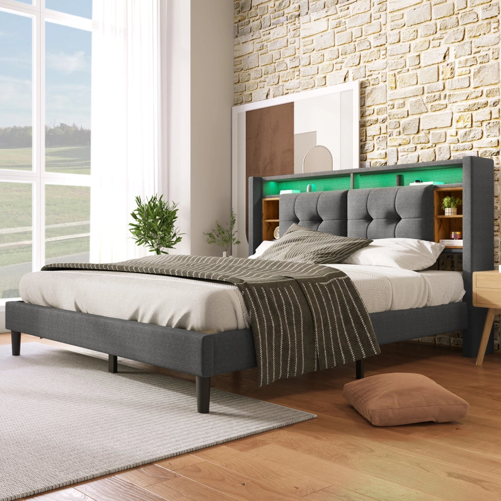 Letto Matrimoniale 140x200 Grigio con Testiera Contenitore; LED; 2 USB e 2 Prese