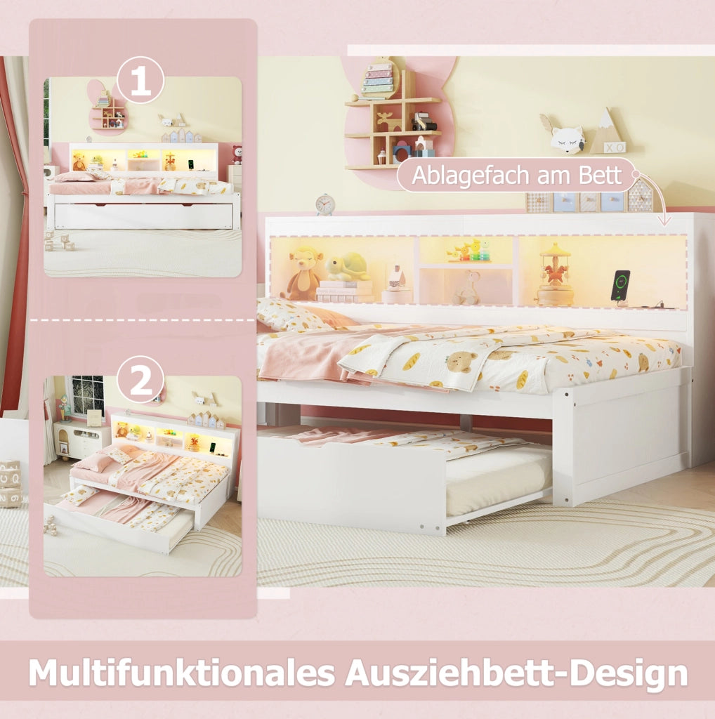 LETTO 90x200 cm con letto estraibile, bianco, truciolare e MDF